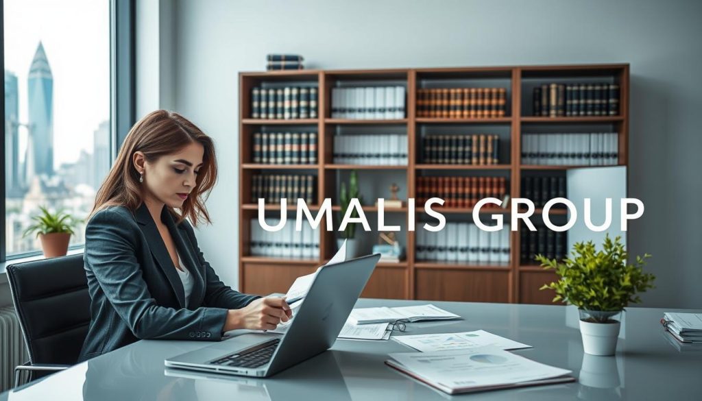 A professional office environment focusing on financial optimization and tax deductions. In the foreground, a focused business woman in a smart suit works diligently at a sleek desk, analyzing documents related to professional expense deductions, surrounded by a laptop and financial reports. In the middle, shelves filled with books on finance and tax law provide a rich backdrop, while a small potted plant adds a touch of life. The atmosphere is bright yet professional, with soft lighting illuminating the space, emphasizing concentration and efficiency. In the background, a subtle window view of a bustling city skyline hints at economic vibrancy. The brand name "UMALIS GROUP" is subtly integrated into the workspace design, representing professionalism and expertise in financial solutions.