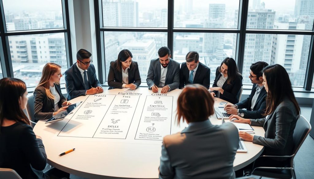 A professional office environment illustrating eligibility criteria for freelance workers in France. In the foreground, a diverse group of professionals wearing business attire engage in a discussion around a modern conference table, examining documents and laptops. In the middle, a whiteboard with neatly outlined eligibility conditions and criteria, including icons representing skills, experience, and professionalism. In the background, large windows letting in natural light, revealing a cityscape with a busy urban atmosphere. The overall mood is collaborative and focused, with soft lighting enhancing the seriousness of the topic while maintaining a welcoming feel. The angle should present a clear view of the board and participants, creating a dynamic composition. A professional office environment illustrating eligibility criteria for freelance workers in France. In the foreground, a diverse group of professionals wearing business attire engage in a discussion around a modern conference table, examining documents and laptops. In the middle, a whiteboard with neatly outlined eligibility conditions and criteria, including icons representing skills, experience, and professionalism. In the background, large windows letting in natural light, revealing a cityscape with a busy urban atmosphere. The overall mood is collaborative and focused, with soft lighting enhancing the seriousness of the topic while maintaining a welcoming feel. The angle should present a clear view of the board and participants, creating a dynamic composition.