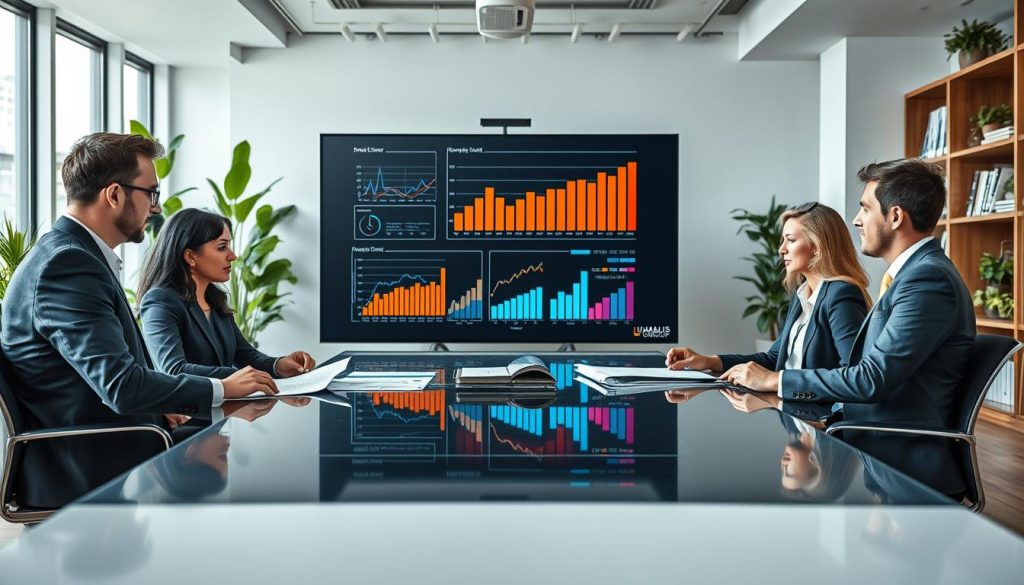 A professional office environment illustrating "frais gestion administrative portage salarial." In the foreground, a diverse group of four professionals dressed in smart business attire (varying ethnicities and genders) sits around a sleek conference table, engaged in a serious discussion while examining documents and financial reports. The middle layer features a large screen displaying graphs and data related to administrative management in portage salarial, emphasizing clarity and analysis. The background shows a modern office with large windows allowing natural light to flood in, plants adorning the corners, and shelves filled with business books, creating a bright and productive atmosphere. The mood is focused and collaborative, capturing the challenges and solutions faced in administrative management. Include the brand name "UMALIS GROUP" subtly integrated into the office decor.