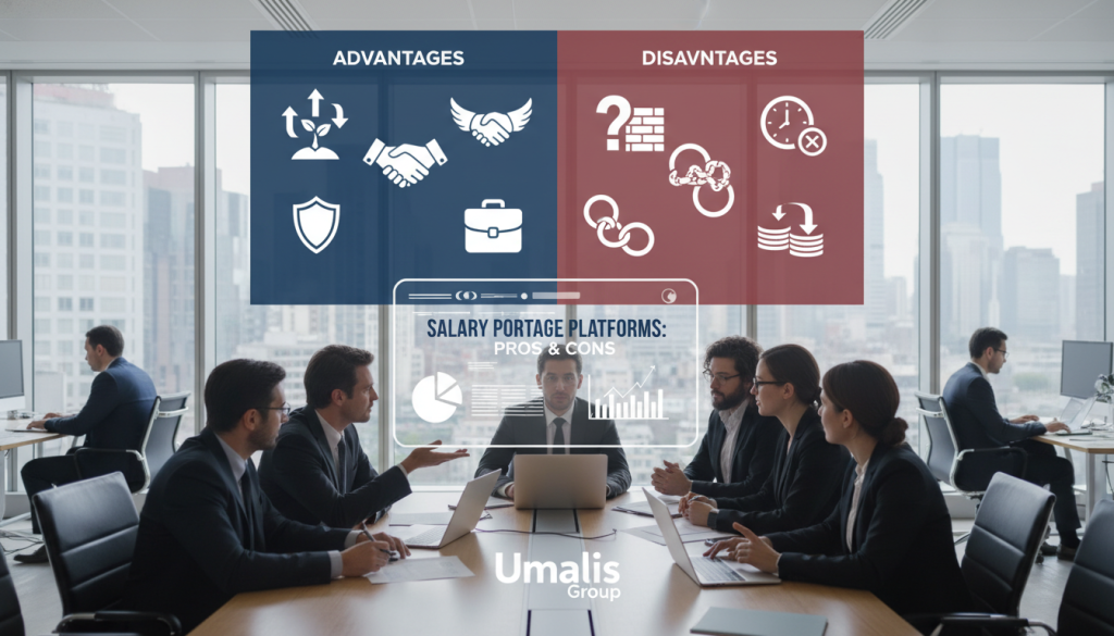 A professional office environment illustrating the advantages and disadvantages of salary portage platforms. In the foreground, a diverse group of business professionals, dressed in smart attire, engage in a discussion around a large table covered with documents, laptops, and a digital presentation showcasing graphs and charts. In the middle, a split image displaying symbols of advantages, like growth arrows and teamwork, on one side, contrasted with symbols of disadvantages, such as barriers or question marks, on the other. The background features a modern office with large windows allowing natural light to flood the space, creating a bright, motivating atmosphere. The overall mood should be dynamic and focused, reflecting the importance of informed decision-making in business. The logo "Umalis Group" subtly integrated into the design.