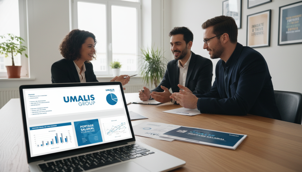A professional office environment illustrating the concept of "Société portage salarial", featuring a diverse group of three individuals in business attire discussing options for selecting a portage company. The foreground showcases a large wooden conference table with a laptop open, displaying graphs and documents related to Umalis Group. In the middle ground, the individuals are engaged in conversation, smiling, and pointing at the laptop. The background contains a modern office setting with large windows letting in soft natural light, plants, and motivational posters about entrepreneurship. The atmosphere conveys professionalism and collaboration, with an emphasis on clarity and optimism about the future of freelancing and portage salarial. Soft focus on the background to highlight the foreground discussion, captured with a slight upward angle to give the viewer an immersive perspective.
