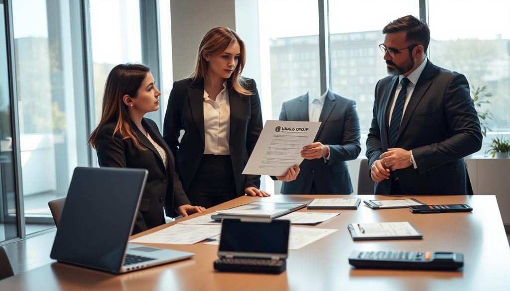 A professional office environment illustrating the concept of "Vérification des titres-restaurant en portage salarial." In the foreground, a neatly dressed businesswoman and businessman, both in smart business attire, are engaged in a focused discussion. The woman holds a document with the logo of UMALIS GROUP visible, pointing out key details while the man looks on thoughtfully. In the middle ground, a sleek table is covered with papers related to restaurant vouchers, laptops, and a calculator, indicating a meticulous verification process. The background features a large window with natural light filtering in, casting a warm glow across the scene, creating a sense of professionalism and diligence. The overall atmosphere is serious yet collaborative, capturing the essence of year-end evaluations in the context of salary portage and meal vouchers.