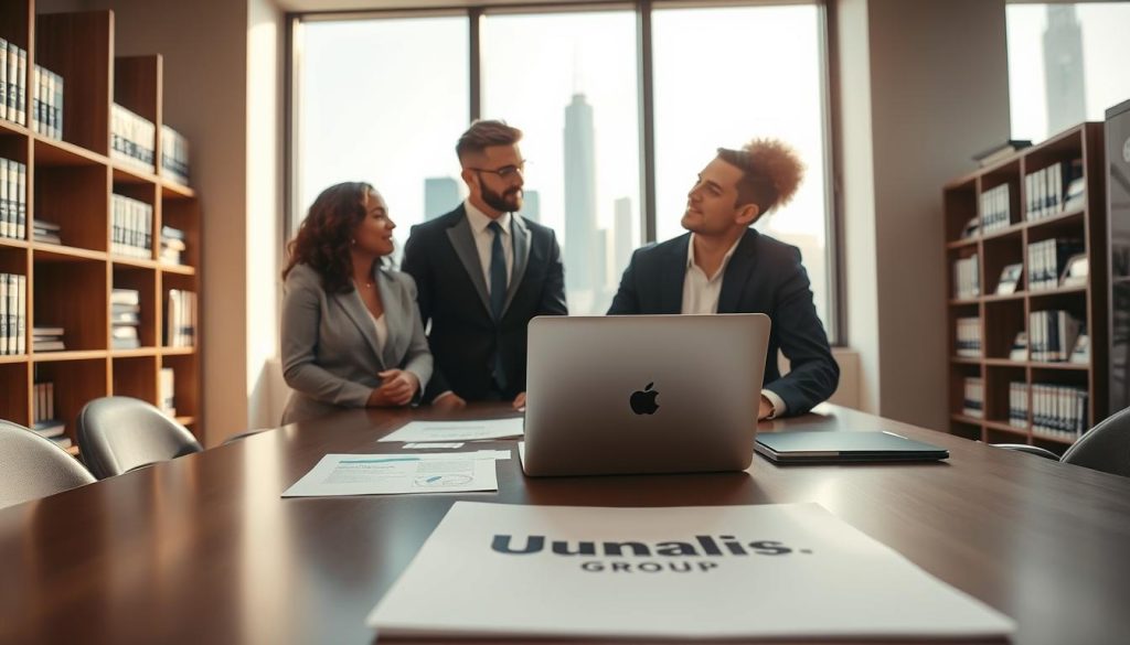 A professional office environment illustrating the concept of "Work eligibility and authorization checks". In the foreground, a diverse group of three business professionals engaged in a discussion, dressed in smart business attire, with a laptop and documents spread across a conference table. In the middle ground, a large window reveals a city skyline, creating natural light flooding the room. On the table, a visible logo of "Umalis Group" on a folder or document. The background features shelves filled with books on labor laws and professional certifications. Soft, warm lighting creates an inviting atmosphere, capturing a sense of collaboration and assessment. The angle is slightly elevated, emphasizing both the professionals and the structured environment around them, exuding a calm and productive mood.