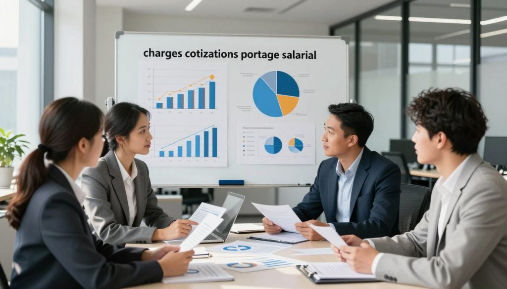 A professional office environment illustrating the concept of "charges cotisations portage salarial." In the foreground, a diverse group of four business professionals (two men and two women) dressed in smart business attire, engaged in a discussion over a table scattered with financial documents and charts. In the middle ground, a large whiteboard displaying various graphs and pie charts explaining social contributions and payroll expenses. The background features sleek office furnishings, large windows allowing natural light to stream in, casting soft shadows. The atmosphere is collaborative and focused, conveying a sense of determination and professionalism. The lighting is bright and inviting, enhancing the clarity of the information presented. A professional office environment illustrating the concept of "charges cotisations portage salarial." In the foreground, a diverse group of four business professionals (two men and two women) dressed in smart business attire, engaged in a discussion over a table scattered with financial documents and charts. In the middle ground, a large whiteboard displaying various graphs and pie charts explaining social contributions and payroll expenses. The background features sleek office furnishings, large windows allowing natural light to stream in, casting soft shadows. The atmosphere is collaborative and focused, conveying a sense of determination and professionalism. The lighting is bright and inviting, enhancing the clarity of the information presented.