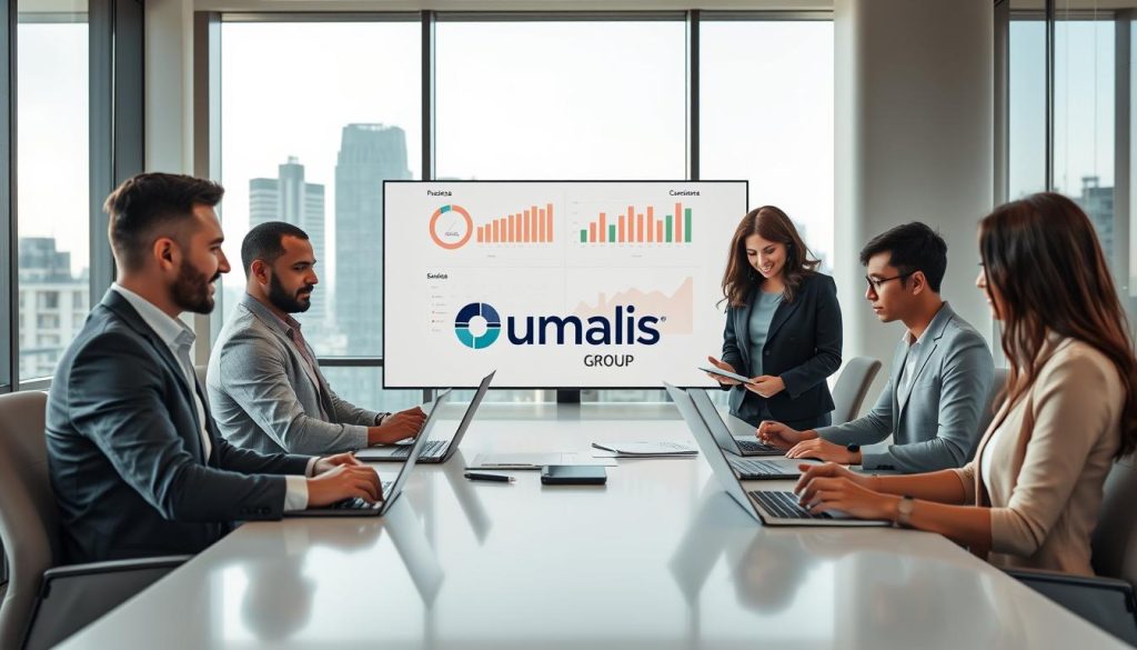 A professional office environment illustrating the concept of "gestion administrative portage salarial." In the foreground, a diverse group of four professionals - two men and two women of various ethnicities - engaged in discussion around a sleek conference table, using laptops and documents. They are dressed in business attire. In the middle ground, a large digital screen displaying financial graphs and statistics related to payroll management. The background features tall windows with natural light streaming in, showcasing a city skyline. The scene conveys a collaborative and efficient atmosphere, emphasizing organization and clarity. The image includes the Umalis Group logo subtly displayed on a presentation screen, ensuring it's integrated into the work environment. The composition is well-lit with a focus on warm tones, capturing a productive and modern workspace experience. A professional office environment illustrating the concept of "gestion administrative portage salarial." In the foreground, a diverse group of four professionals - two men and two women of various ethnicities - engaged in discussion around a sleek conference table, using laptops and documents. They are dressed in business attire. In the middle ground, a large digital screen displaying financial graphs and statistics related to payroll management. The background features tall windows with natural light streaming in, showcasing a city skyline. The scene conveys a collaborative and efficient atmosphere, emphasizing organization and clarity. The image includes the Umalis Group logo subtly displayed on a presentation screen, ensuring it's integrated into the work environment. The composition is well-lit with a focus on warm tones, capturing a productive and modern workspace experience.