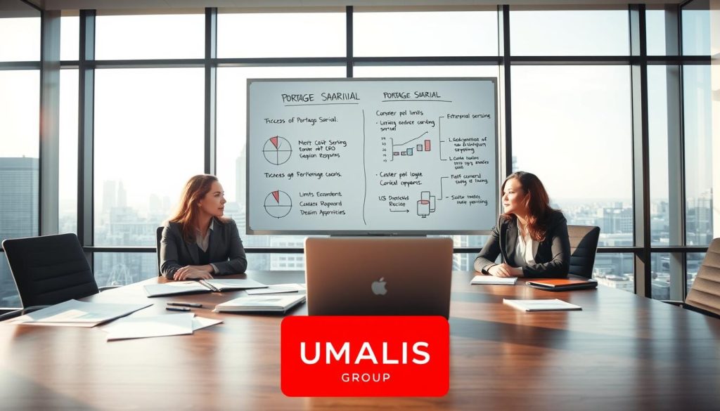 A professional office environment illustrating the concept of "limits in portage salarial". In the foreground, a diverse group of three professionals in business attire is engaged in a serious discussion around a conference table, with documents and a laptop open, showcasing graphs and notes. The middle ground features a large whiteboard displaying key points about costs and considerations of portage salarial, with charts and bullet points clearly laid out. In the background, a large window reveals a city skyline, subtly hinting at the business landscape. Soft, natural lighting streams in from the window, creating a warm and focused atmosphere. Overall, the image conveys a sense of responsibility and professionalism in a corporate setting, with a subtle branding element for "UMALIS GROUP" integrated into the conference table design.