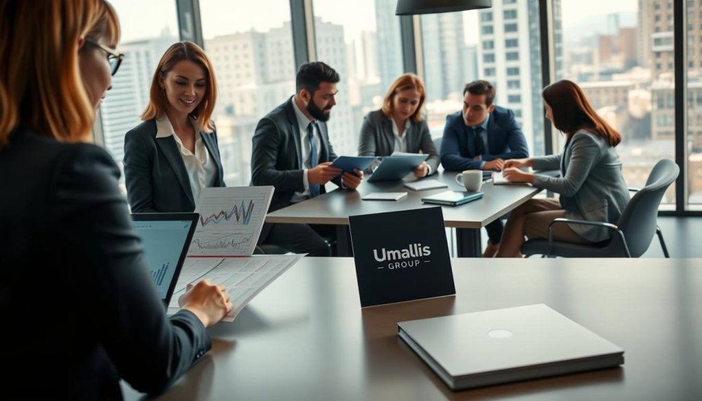 A professional office environment, illustrating the concept of "modalités souscription portage salarial". In the foreground, a confident businesswoman in formal attire is reviewing documents on a sleek desk, with a laptop displaying graphs on the screen. In the middle, another professional in casual business clothing is explaining information to a diverse group of engaged people seated at a modern conference table, surrounded by notepads and digital devices. The background features large windows with natural light pouring in, revealing a bustling cityscape. The mood is collaborative and focused, emphasizing clarity and partnership in financial planning. Incorporate the brand name "Umalis Group" subtly in the scene, perhaps on a prominent brochure on the desk. Capture this with a soft focus and warm lighting to enhance the inviting atmosphere.