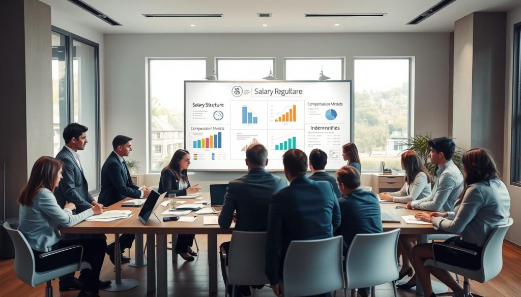A professional office environment illustrating the concept of salary regulation in a portage salarial framework in France. In the foreground, a diverse group of professionals, dressed in business attire, are engaged in a discussion around a large table filled with documents, laptops, and financial charts, emphasizing collaboration. In the middle, an elegant whiteboard displays key topics like "Salary Structure," "Compensation Models," and "Indemnities" with colorful graphs. The background features large windows letting in soft natural light, creating an inviting and productive atmosphere. The overall mood is focused and collaborative, with a warm color palette to enhance a sense of professionalism and clarity. The camera angle is slightly elevated, capturing the dynamic interactions and workspace layout effectively. A professional office environment illustrating the concept of salary regulation in a portage salarial framework in France. In the foreground, a diverse group of professionals, dressed in business attire, are engaged in a discussion around a large table filled with documents, laptops, and financial charts, emphasizing collaboration. In the middle, an elegant whiteboard displays key topics like "Salary Structure," "Compensation Models," and "Indemnities" with colorful graphs. The background features large windows letting in soft natural light, creating an inviting and productive atmosphere. The overall mood is focused and collaborative, with a warm color palette to enhance a sense of professionalism and clarity. The camera angle is slightly elevated, capturing the dynamic interactions and workspace layout effectively.