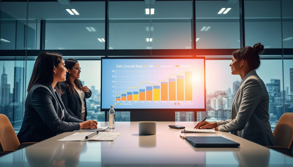 A professional office environment illustrating the impact of Daily Consultant Rates (TJM) on revenue and profitability. In the foreground, a diverse group of three business professionals dressed in smart attire, engaged in a dynamic discussion around a sleek conference table with charts and financial documents. In the middle, a large digital screen displays a colorful graph depicting rising revenue and profitability trends, alongside the logo "UMALIS GROUP". The background features a modern office with large windows showing a city skyline, bright and airy lighting illuminating the scene, and a lens effect that adds depth. The mood is focused and aspirational, conveying the importance of setting appropriate pricing strategies in consultancy.