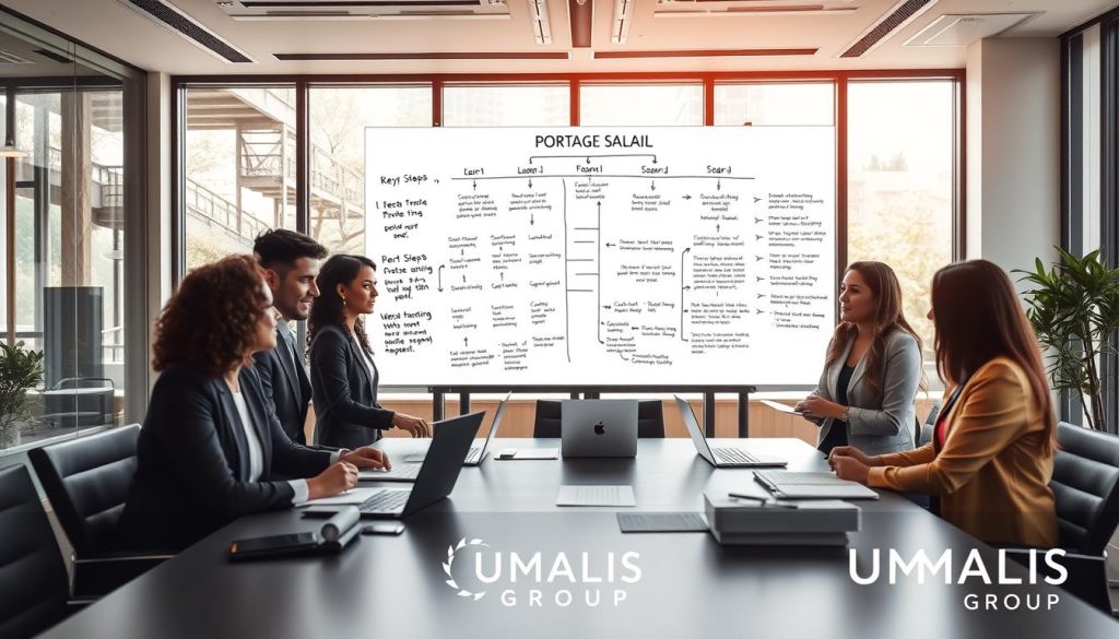 A professional office environment illustrating the key steps for a successful transition to portage salarial. In the foreground, a diverse group of four business professionals in smart attire are gathered around a large table with laptops and documents, discussing ideas. In the middle, a whiteboard filled with flowcharts and bullet points outlines the transition steps, with a focus on clarity and organization. In the background, large windows let in bright, natural light, enhancing the atmosphere of productivity and innovation. The overall mood is collaborative and focused. The setting features sleek, modern decor, symbolizing forward thinking. Include the logo "UMALIS GROUP" subtly integrated into the design elements, ensuring a clean and professional appearance.
