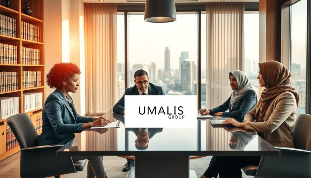 A professional office environment illustrating the legal framework of portage salarial. In the foreground, a diverse group of three business professionals—one Black woman, one Hispanic man, and one Middle-Eastern woman—are seated around a modern conference table, engaged in a discussion about contracts and employment regulations. The middle ground features elegant bookshelves filled with legal texts, while a large window in the background reveals a city skyline, indicating a thriving business district. Soft, natural light filters through the window, creating a warm and inviting atmosphere. The professionals are dressed in smart business attire, exuding professionalism and teamwork. Subtly incorporate the logo of UMALIS GROUP on a document in front of them, emphasizing its relevance to the topic being discussed.