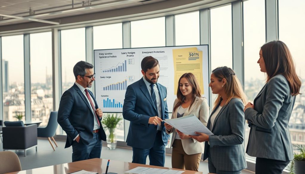 A professional office environment in France showcasing the concepts of salary estimates and employment protections. In the foreground, a diverse group of professionals in business attire—men and women of various ethnic backgrounds—exchange ideas while looking over charts and graphs on a tablet. The middle ground displays a large screen with visual representations of salary ranges, legal documents symbolizing employment protections, and a calculator. The background features an elegant office with large windows overlooking a Parisian skyline, flooded with natural light. The atmosphere is focused and collaborative, enhanced by a soft, warm lighting that promotes a sense of security and professionalism. Include the brand name "Umalis Group" subtly integrated into the presentation materials.