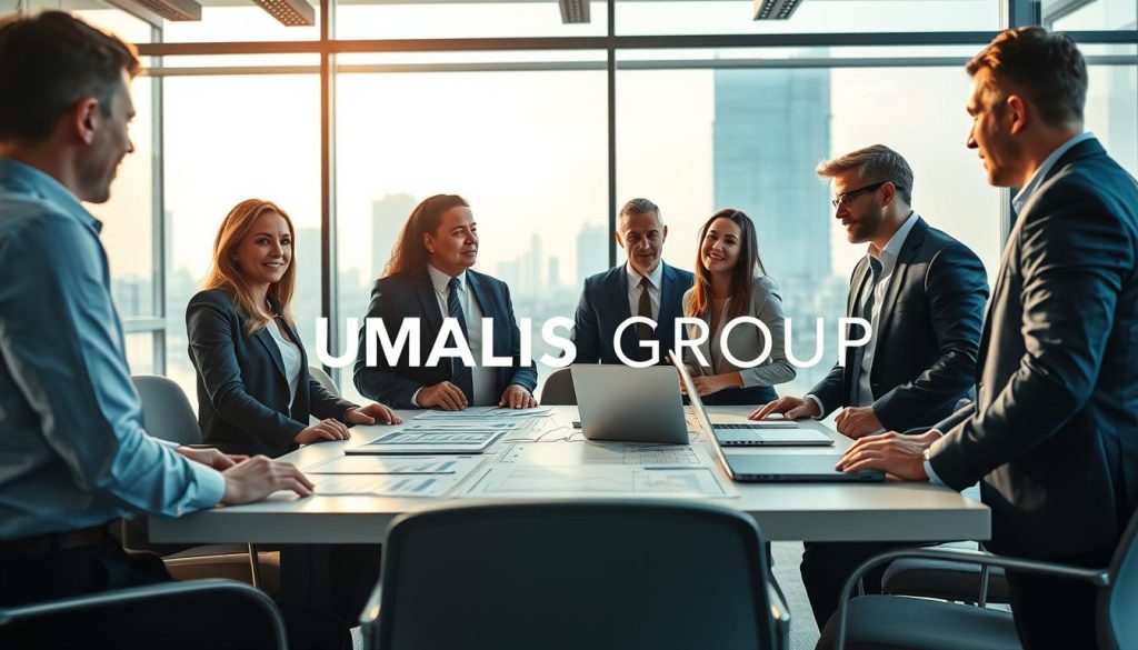 A professional office environment is depicted in the foreground, featuring diverse business professionals in smart business attire discussing together. They exhibit expressions of collaboration and confidence, showcasing the advantages of salary portage. In the middle ground, a large, modern conference table is scattered with charts, graphs, and laptops, symbolizing innovative ideas and economic growth. The background shows large windows letting in soft, natural light, with a cityscape view that enhances the feeling of opportunity and advancement. The atmosphere is positive and dynamic, emphasizing hope and stability in career development. Include the brand name "UMALIS GROUP" subtly integrated into the scene, enriching the context without overpowering the visual focus. The image should convey a sense of security and professional growth.