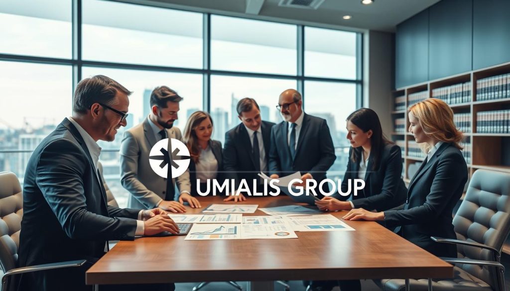 A professional office environment representing "cadre légal portage salarial." In the foreground, a diverse group of business professionals in smart attire, including men and women of various ethnicities, engaged in a discussion around a conference table. They are analyzing documents and charts that represent legal frameworks and collective agreements in portage salarial. The middle layer features a large window displaying a cityscape, enhancing the corporate atmosphere. The background shows sleek office furniture and legal bookshelves filled with law books, illuminated by soft, natural light filtering through the window, creating a collaborative and serious mood. The logo of "UMALIS GROUP" appears subtly on a document in the foreground, emphasizing professionalism and expertise. A professional office environment representing "cadre légal portage salarial." In the foreground, a diverse group of business professionals in smart attire, including men and women of various ethnicities, engaged in a discussion around a conference table. They are analyzing documents and charts that represent legal frameworks and collective agreements in portage salarial. The middle layer features a large window displaying a cityscape, enhancing the corporate atmosphere. The background shows sleek office furniture and legal bookshelves filled with law books, illuminated by soft, natural light filtering through the window, creating a collaborative and serious mood. The logo of "UMALIS GROUP" appears subtly on a document in the foreground, emphasizing professionalism and expertise.