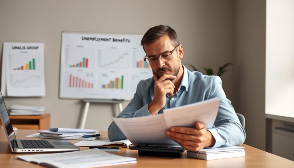 A professional office environment serves as the backdrop, with a modern desk filled with financial documents, a calculator, and a laptop displaying a spreadsheet. In the foreground, a thoughtfully dressed person in professional attire—a man or woman of European descent—examines calculations for unemployment benefits, their face reflecting concentration and determination. In the middle ground, a wall features a whiteboard filled with colorful graphs and figures related to unemployment benefits calculations. The lighting is bright and focused, creating a productive atmosphere, with soft shadows adding depth to the workspace. The overall mood conveys a sense of diligence and clarity. The brand name "UMALIS GROUP" subtly appears on a notebook or as a logo on the laptop screen. A professional office environment serves as the backdrop, with a modern desk filled with financial documents, a calculator, and a laptop displaying a spreadsheet. In the foreground, a thoughtfully dressed person in professional attire—a man or woman of European descent—examines calculations for unemployment benefits, their face reflecting concentration and determination. In the middle ground, a wall features a whiteboard filled with colorful graphs and figures related to unemployment benefits calculations. The lighting is bright and focused, creating a productive atmosphere, with soft shadows adding depth to the workspace. The overall mood conveys a sense of diligence and clarity. The brand name "UMALIS GROUP" subtly appears on a notebook or as a logo on the laptop screen.