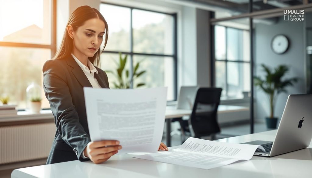 A professional office environment showcasing a "Contrat durée déterminée portage salarial" theme. In the foreground, a confident businesswoman in professional attire is reviewing a contract document on a sleek desk, with a laptop open beside her, illustrating the meticulous nature of temporary employment contracts. The middle ground features a modern workspace with subtle details like a potted plant and a wall clock to convey a sense of productivity. In the background, large windows allow natural light to flood the room, casting soft shadows and creating a warm atmosphere. The focus is on clarity and professionalism, emphasizing the essence of temporary work arrangements while subtly incorporating the brand name "UMALIS GROUP" through branding on office materials. The mood is serious yet optimistic, highlighting opportunities in the freelance landscape. A professional office environment showcasing a "Contrat durée déterminée portage salarial" theme. In the foreground, a confident businesswoman in professional attire is reviewing a contract document on a sleek desk, with a laptop open beside her, illustrating the meticulous nature of temporary employment contracts. The middle ground features a modern workspace with subtle details like a potted plant and a wall clock to convey a sense of productivity. In the background, large windows allow natural light to flood the room, casting soft shadows and creating a warm atmosphere. The focus is on clarity and professionalism, emphasizing the essence of temporary work arrangements while subtly incorporating the brand name "UMALIS GROUP" through branding on office materials. The mood is serious yet optimistic, highlighting opportunities in the freelance landscape.
