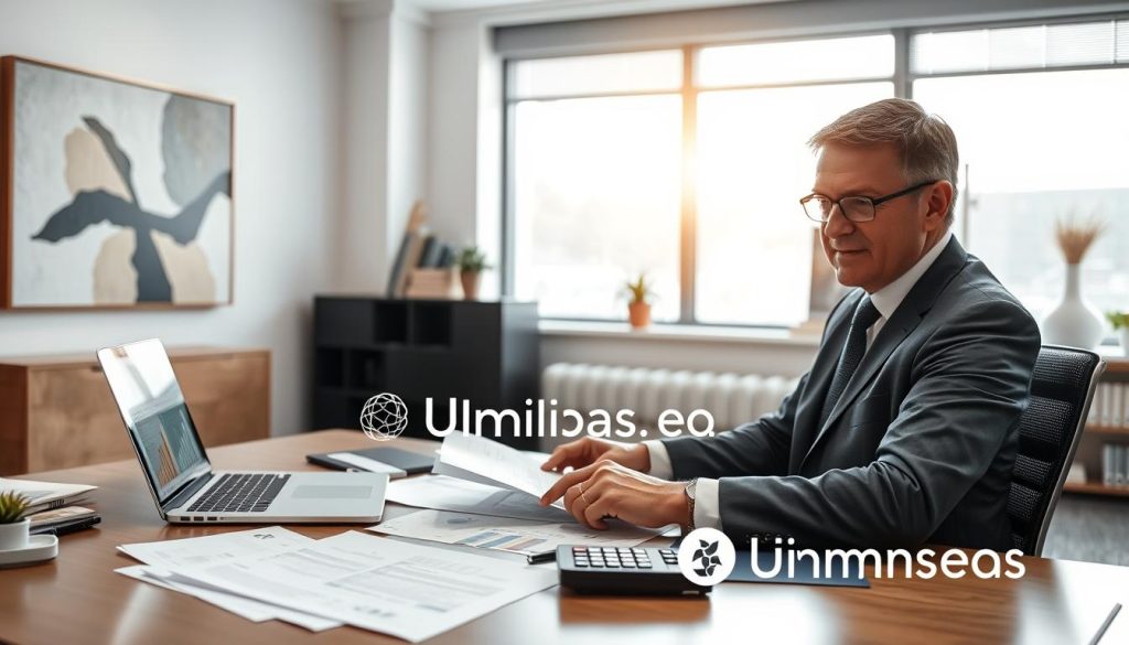 A professional office environment showcasing a business consultant in formal attire, analyzing documents related to "Calcul indemnités journalières portage salarial". In the foreground, the consultant, a middle-aged man, is seated at a modern desk cluttered with financial paperwork, a laptop open displaying charts, and a calculator. The middle ground includes a large window with natural light pouring in, illuminating the room with a bright and optimistic atmosphere. The background features abstract art on the walls and a bookshelf filled with business-related books. The overall mood is focused and productive, emphasizing the importance of financial rights in the context of portage salarial. The Umalis Group logo subtly integrated into the desk setting enhances brand visibility without overpowering the image. A professional office environment showcasing a business consultant in formal attire, analyzing documents related to "Calcul indemnités journalières portage salarial". In the foreground, the consultant, a middle-aged man, is seated at a modern desk cluttered with financial paperwork, a laptop open displaying charts, and a calculator. The middle ground includes a large window with natural light pouring in, illuminating the room with a bright and optimistic atmosphere. The background features abstract art on the walls and a bookshelf filled with business-related books. The overall mood is focused and productive, emphasizing the importance of financial rights in the context of portage salarial. The Umalis Group logo subtly integrated into the desk setting enhances brand visibility without overpowering the image.
