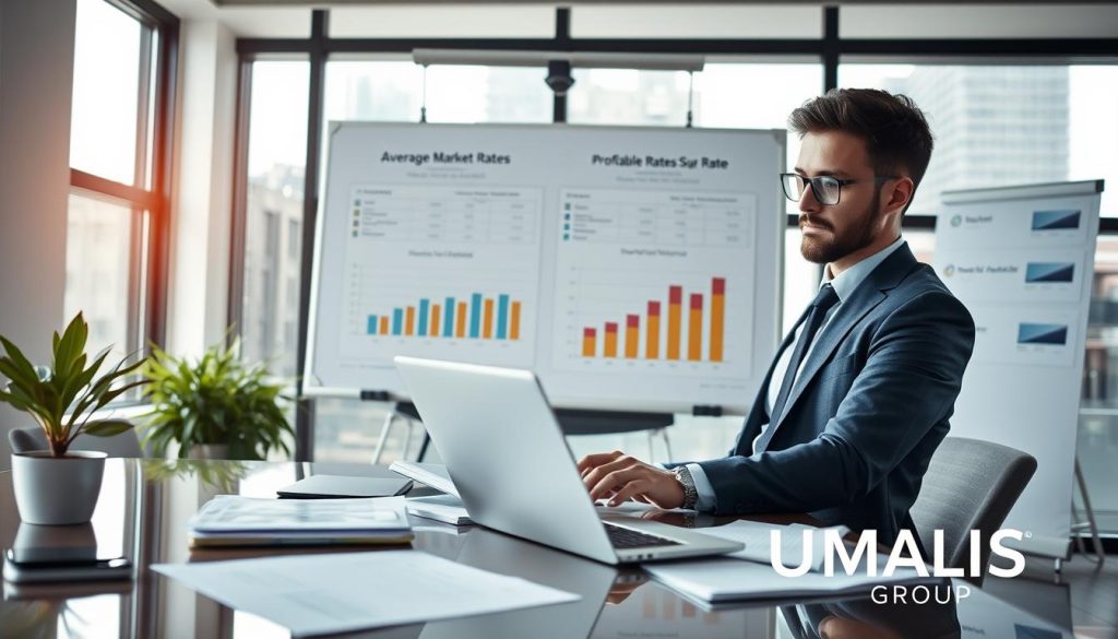 A professional office environment showcasing a confident independent worker analyzing financial data on a laptop. In the foreground, a focus on the individual dressed in business attire, intensely engaged in their tasks, surrounded by documents and a calculator reflecting an atmosphere of determination. In the middle, a large whiteboard displaying charts and graphs depicting average market rates and profitable rates for portage salarial, symbolizing strategy and planning. The background features large windows allowing natural light to flood the room, emphasizing a bright and inspiring workspace. The mood is one of clarity and professionalism, conveying the importance of setting a profitable daily rate. Incorporate subtle branding elements hinting at "UMALIS GROUP" to connect with the subject matter without overpowering the scene.
