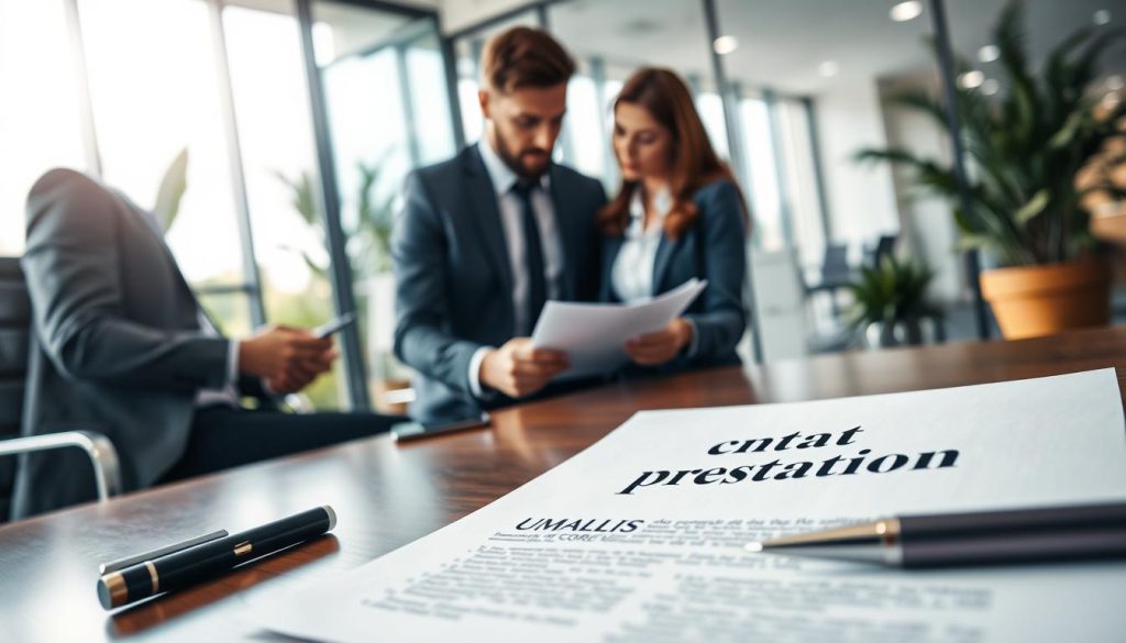 A professional office environment showcasing a "contrat de prestation" between a portage salarial company and a client business. In the foreground, a close-up view of a formal contract document titled "Contrat de Prestation" featuring the brand name "UMALIS GROUP". The document is neatly placed on a polished wooden desk alongside a sleek pen and a smartphone. In the middle ground, two business professionals, a man and a woman in smart attire, are engaged in a focused discussion, examining the contract. The background reveals a modern office setting with glass walls and subtle greenery, creating a calm atmosphere. The lighting is bright and professional, with natural light streaming in from large windows, enhancing the clarity and professionalism of the scene. A professional office environment showcasing a "contrat de prestation" between a portage salarial company and a client business. In the foreground, a close-up view of a formal contract document titled "Contrat de Prestation" featuring the brand name "UMALIS GROUP". The document is neatly placed on a polished wooden desk alongside a sleek pen and a smartphone. In the middle ground, two business professionals, a man and a woman in smart attire, are engaged in a focused discussion, examining the contract. The background reveals a modern office setting with glass walls and subtle greenery, creating a calm atmosphere. The lighting is bright and professional, with natural light streaming in from large windows, enhancing the clarity and professionalism of the scene.
