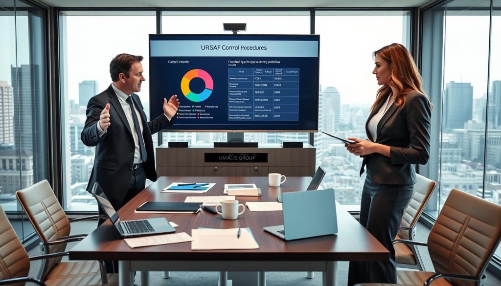 A professional office environment, showcasing a detailed interaction between business professionals. In the foreground, a well-dressed male consultant (in a suit with a tie) gestures towards a large screen displaying a pie chart and bullet points on "URSSAF Control Procedures." Beside him, a female business analyst (in a smart blouse and trousers) takes notes, emphasizing engagement. In the middle, a modern conference table is cluttered with legal documents, laptops, and coffee cups. The background features glass walls, showcasing a city skyline through the window, with natural light illuminating the room. The atmosphere is focused and serious, reflecting the importance of financial oversight and salary protection, with the brand name "UMALIS GROUP" subtly incorporated into the office decor. The image should be sharp, with vibrant colors and a professional composition.