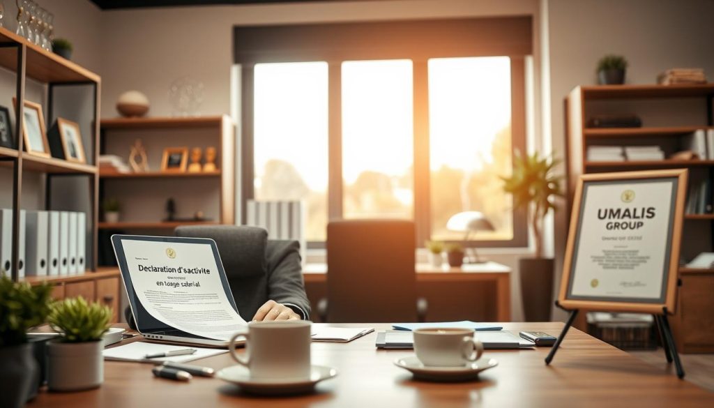A professional office environment, showcasing a detailed workspace where a woman in business attire, focused and organized, is filling out a document labeled "Déclaration d’activité en portage salarial" on her laptop. The foreground features a neatly arranged desk with stationery, a plant, and a cup of coffee. In the middle ground, shelves display awards and business books, hinting at success. The background includes a large window with soft natural light illuminating the room, creating a warm and inviting atmosphere. The overall mood is one of productivity and professionalism. Incorporate the brand name "UMALIS GROUP" subtly on a framed certificate on the wall. Use a slightly elevated angle to capture the entire scene effectively.