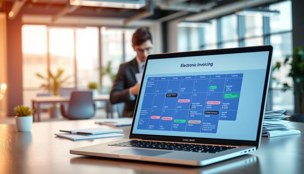 A professional office environment showcasing a digital workspace focusing on electronic invoicing. In the foreground, a sleek, modern laptop displays a vibrant calendar interface labeled "Electronic Invoicing Calendar." It highlights different deadlines for various company sizes, illustrated with colorful icons. In the middle, a professional dressed in business attire is analyzing charts and data on the laptop, surrounded by documents related to billing. The background features an open office space with soft lighting, large windows letting in natural light, and subtle greenery to create a fresh atmosphere. The overall mood is organized and efficient, evoking a sense of professionalism and clarity. The brand name "UMALIS GROUP" is subtly incorporated into the laptop screen design.