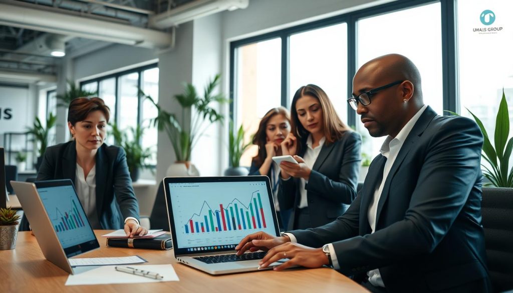 A professional office environment showcasing a diverse group of business people engaged in a discussion about "indemnités journalières" in portage salarial. In the foreground, a serious-looking businesswoman in a tailored suit gestures towards a laptop displaying graphs and financial data. In the middle ground, a man in business attire takes notes, while a woman with a thoughtful expression listens actively. In the background, large windows let in natural light, illuminating a modern office filled with plants and professional decor. The atmosphere is focused and collaborative, suggesting a strong professional environment centered on social protection and daily indemnities. Include elements of the UMALIS GROUP branding subtly in the decor, such as a logo on a wall or documents on the table.