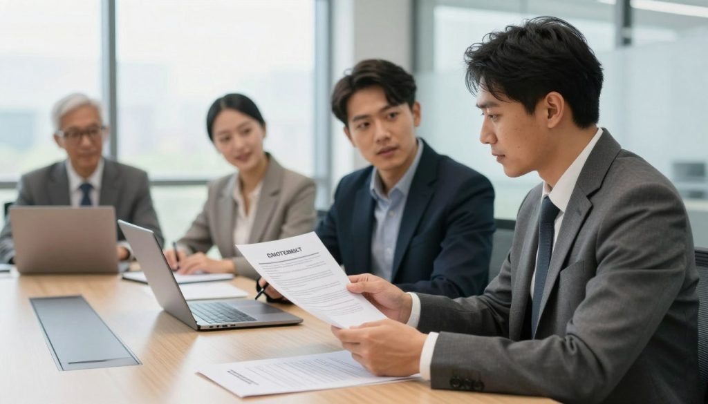 A professional office environment showcasing a diverse group of business professionals engaged in a discussion about employment contracts. In the foreground, a man in a tailored suit and a woman in a smart blouse are examining a document filled with clauses, their expressions focused and engaged. The middle ground features a sleek conference table with laptops and legal texts, symbolizing the business setting. The background depicts a modern office with large windows allowing natural light to flood the space, creating a bright and optimistic atmosphere. The lighting is soft yet clear, enhancing the professionalism of the scene. A slight depth of field emphasizes the subjects, which radiate a sense of security and collaboration in the contractual process.