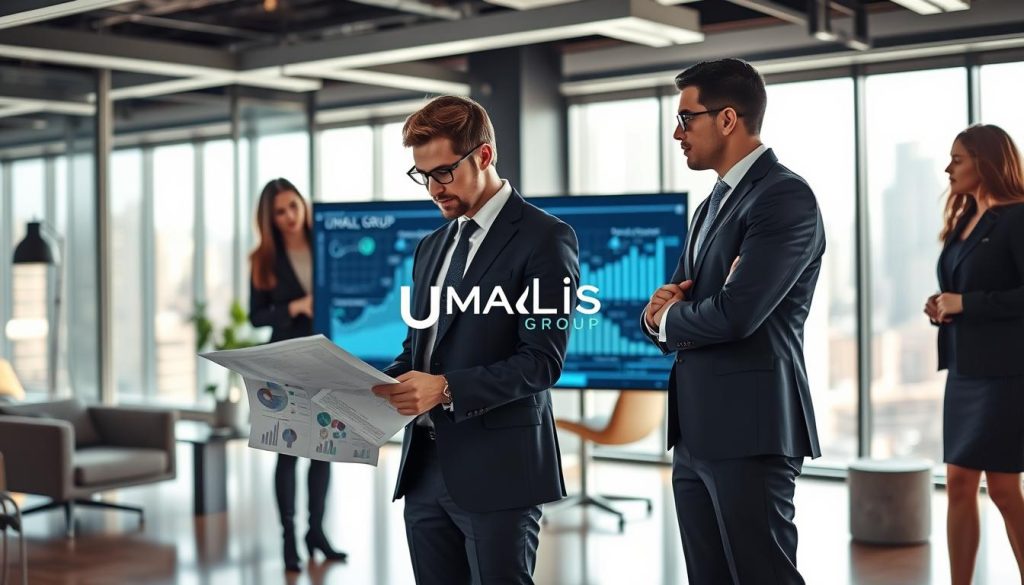A professional office environment showcasing a diverse group of business professionals engaged in a collaborative discussion. In the foreground, two individuals (one male, one female) in smart business attire analyze documents and digital tools related to project management, exuding focus and professionalism. In the middle ground, a large screen displays graphs and data, symbolizing network connections and efficiency. The background features an office with modern furniture, large windows letting in natural light, and a cityscape view, emphasizing a dynamic work atmosphere. The overall mood is one of synergy and productivity. Make sure to include the brand name "UMALIS GROUP" subtly in the design elements of the room, such as on a digital screen or a document.