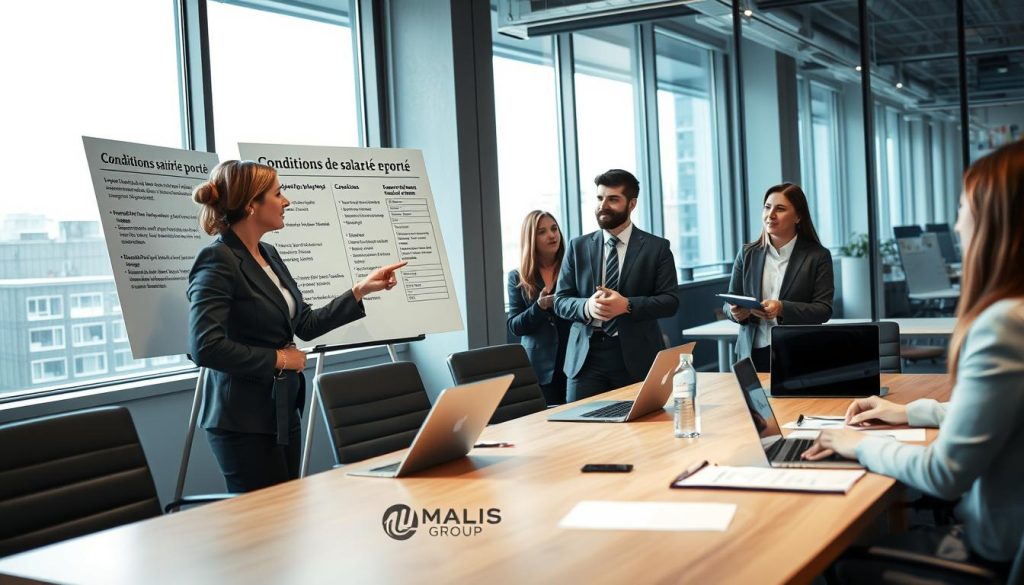 A professional office environment showcasing a diverse group of businesspeople engaged in a discussion about "Conditions salarié porté" in France. In the foreground, a middle-aged woman in a smart business suit leads a conversation while pointing at a presentation board outlining the conditions for accessing the statut de salarié porté. To her side, a young man in professional attire takes notes, appearing attentive. In the middle ground, a sleek conference table with laptops and documents is neatly arranged. The background features large windows allowing natural light to flood the room, creating a bright and inviting atmosphere. The overall mood is collaborative and focused, emphasizing professionalism. The brand logo "UMALIS GROUP" is subtly included in the presentation materials on the table, complementing the workspace without being intrusive.