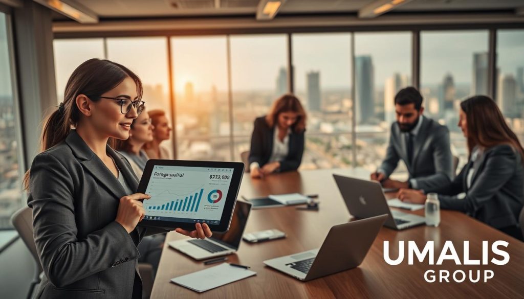 A professional office environment showcasing a diverse group of individuals engaged in a discussion about financial projections and salary simulations. In the foreground, a confident woman in smart business attire points at a digital tablet displaying graphs and figures related to stable monthly income through "portage salarial." The middle ground features a modern conference table with laptops and notepads scattered across it, while colleagues—dressed in business casual—examine documents and share insights. The background captures large windows with a view of a bustling cityscape, illuminated by warm, natural light that creates a vibrant atmosphere. The image subtly incorporates the brand name "UMALIS GROUP" in the form of a logo on the tablet screen, reflecting professionalism and innovation.