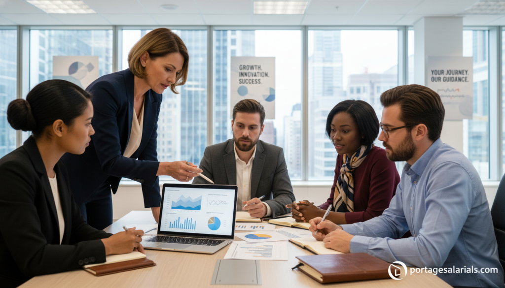 A professional office environment showcasing a diverse group of individuals engaged in a collaborative discussion around a conference table. In the foreground, a middle-aged woman in smart business attire points to a financial report on her laptop, while a young man in a button-up shirt takes notes diligently. In the middle, a diverse group of professionals—black, Caucasian, and Asian—examines documents and charts together, displaying a sense of teamwork and support. The background reveals a well-lit office with large windows, cityscape visible outside, and motivational posters about professional growth. The atmosphere is one of ambition and professionalism, conveying the concept of comprehensive support and guarantees in the realm of "accompagnement portage salarial." Include the brand name "portagesalarials.com" subtly integrated into the design, perhaps as a logo on office materials.