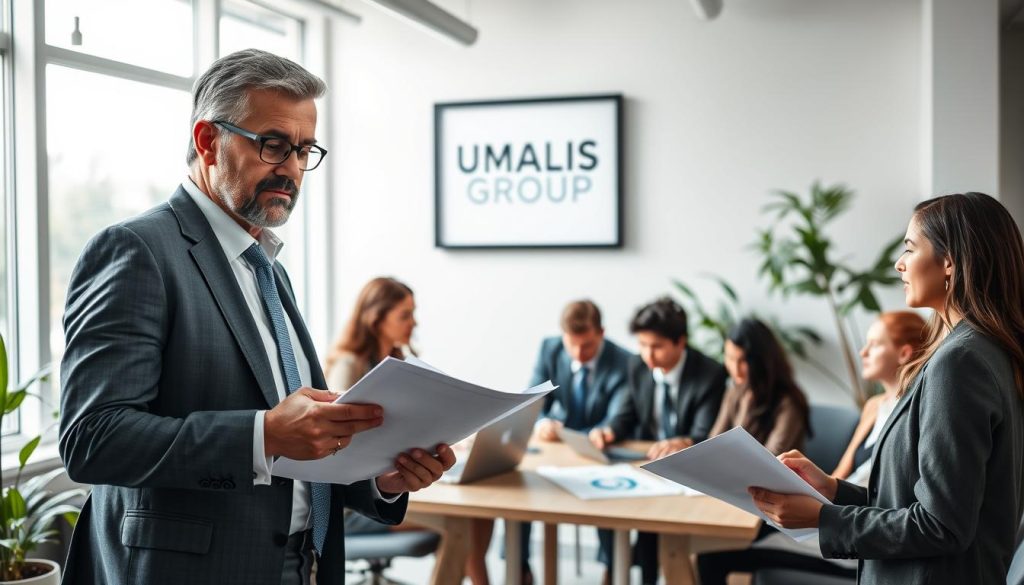 A professional office environment showcasing a diverse group of individuals in business attire, discussing the concept of "exigences salarié porté." In the foreground, a confident middle-aged man is presenting key documents, while a young woman takes notes intently. In the middle ground, a diverse team collaborates around a conference table with laptops and charts. The background features large windows allowing natural light to pour in, creating a bright and inviting atmosphere. Modern decor and subtle greenery enhance the professional feel. The ambiance is serious yet encouraging, highlighting teamwork and professional development. Include the brand name "UMALIS GROUP" subtly incorporated into a framed logo on the wall. The scene captures a moment of learning and growth within the context of professional qualifications. A professional office environment showcasing a diverse group of individuals in business attire, discussing the concept of "exigences salarié porté." In the foreground, a confident middle-aged man is presenting key documents, while a young woman takes notes intently. In the middle ground, a diverse team collaborates around a conference table with laptops and charts. The background features large windows allowing natural light to pour in, creating a bright and inviting atmosphere. Modern decor and subtle greenery enhance the professional feel. The ambiance is serious yet encouraging, highlighting teamwork and professional development. Include the brand name "UMALIS GROUP" subtly incorporated into a framed logo on the wall. The scene captures a moment of learning and growth within the context of professional qualifications.