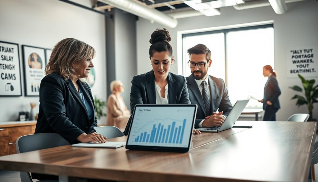 A professional office environment showcasing a diverse group of professionals collaborating around a large table. In the foreground, a middle-aged woman in a smart blazer is explaining a financial chart to a young man in a business suit, both engaged and focused. In the middle, a laptop displays graphs and data analytics about salary portage, symbolizing financial expertise. The background features a large window with natural light pouring in, illuminating the room and creating an inspiring atmosphere. Modern office decor and motivational quotes on the walls enhance the professional vibe. The overall mood should be positive and collaborative, capturing the essence of the role of salary portage companies in providing opportunities and support for freelancers and independent workers.