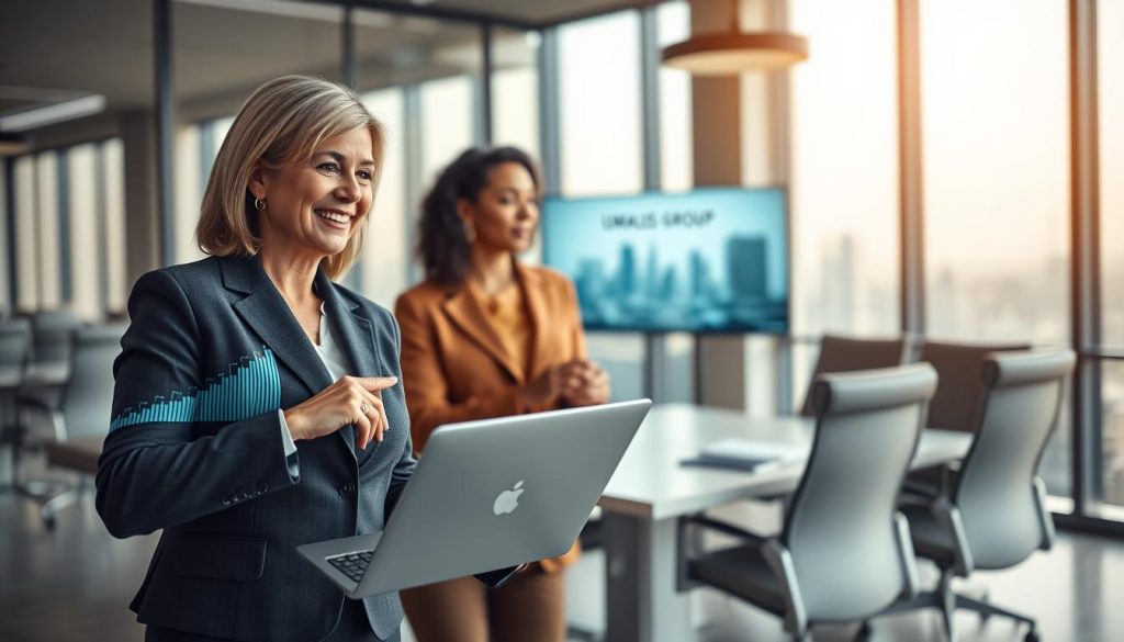 A professional office environment, showcasing a diverse group of three individuals engaged in a discussion about business solutions. In the foreground, a middle-aged woman in a tailored business suit points at a laptop screen, displaying a financial chart linked to "UMALIS GROUP." The middle section features a modern conference table surrounded by high-backed chairs, with natural light pouring in through large windows, creating an inviting atmosphere. In the background, a soft-focus image of a city skyline can be seen, symbolizing ambition and growth. The overall mood is collaborative and focused, emphasizing professionalism and the importance of choosing the right portage company for business success. Soft, warm lighting enhances the friendly yet serious tone of the environment. A professional office environment, showcasing a diverse group of three individuals engaged in a discussion about business solutions. In the foreground, a middle-aged woman in a tailored business suit points at a laptop screen, displaying a financial chart linked to "UMALIS GROUP." The middle section features a modern conference table surrounded by high-backed chairs, with natural light pouring in through large windows, creating an inviting atmosphere. In the background, a soft-focus image of a city skyline can be seen, symbolizing ambition and growth. The overall mood is collaborative and focused, emphasizing professionalism and the importance of choosing the right portage company for business success. Soft, warm lighting enhances the friendly yet serious tone of the environment.