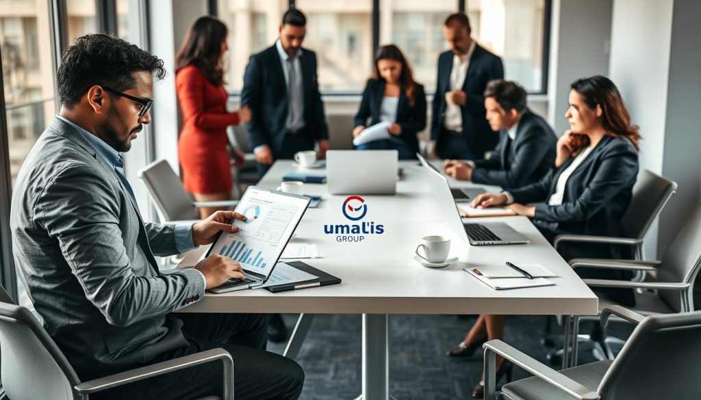 A professional office environment showcasing a diverse team engaged in mission follow-up and monthly reporting within a context of “portage salarial.” In the foreground, a focused individual in business attire analyzes graphs and charts on a laptop, while another colleague reviews printed documents. In the middle ground, a modern conference table holds laptops, notepads, and coffee cups, surrounded by additional team members engaged in a discussion. The background features large windows allowing natural daylight to illuminate the space, enhancing a productive atmosphere. The ambiance is serious yet collaborative, with a hint of motivation reflected in the body language of the team. The Umalis Group logo is subtly incorporated into office materials on the table.