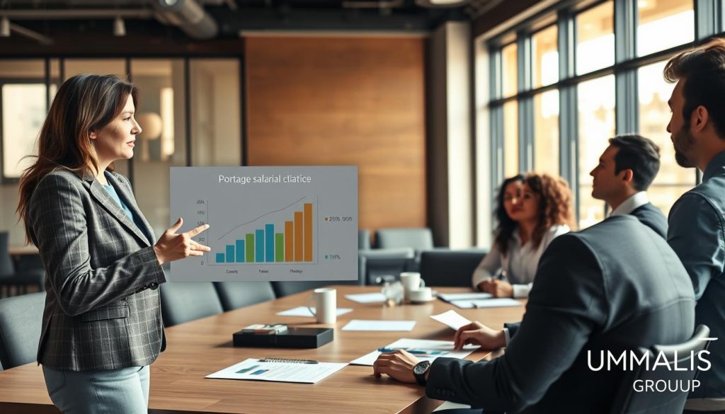 A professional office environment showcasing a group of diverse individuals engaged in a discussion about career development and experience validation. In the foreground, a middle-aged woman in a smart blazer gestures towards a digital presentation illustrating the concept of "portage salarial" with graphs and statistics. The middle layer features a collaborative roundtable where young professionals are attentively listening, taking notes, and sharing ideas. In the background, large windows let in warm, natural light, creating an inviting atmosphere. The overall mood is focused and aspirational, symbolizing growth and the value of experiences. The scene includes the subtle presence of the "UMALIS GROUP" brand logo on materials used in the discussion. Soft focus on the edges enhances professionalism and clarity.