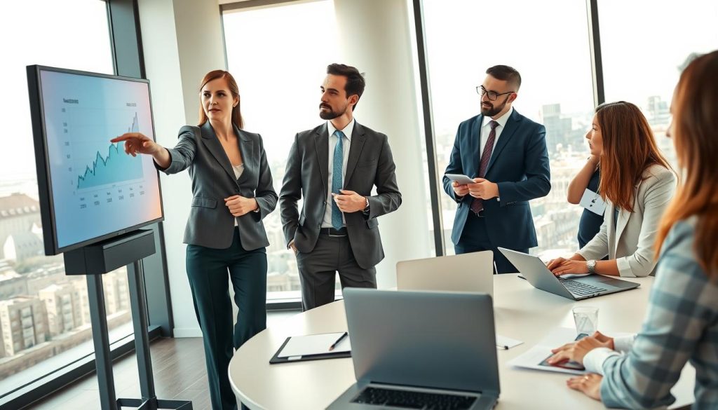 A professional office environment showcasing a group of diverse individuals engaged in a collaborative discussion. In the foreground, a businesswoman in a tailored blazer and dress pants is pointing at a graph displayed on a digital screen, with a focused expression. Beside her, a businessman in a well-fitted suit takes notes. The middle ground features a round conference table with laptops and documents, emphasizing a sense of active engagement. In the background, large windows reveal a bright, sunny cityscape, symbolizing opportunity and growth. The lighting is bright and warm, creating an inviting atmosphere that enhances productivity. The composition captures a moment of teamwork, reflecting the concept of "Conditions d'exercice salarié porté" in a clear and professional manner. A professional office environment showcasing a group of diverse individuals engaged in a collaborative discussion. In the foreground, a businesswoman in a tailored blazer and dress pants is pointing at a graph displayed on a digital screen, with a focused expression. Beside her, a businessman in a well-fitted suit takes notes. The middle ground features a round conference table with laptops and documents, emphasizing a sense of active engagement. In the background, large windows reveal a bright, sunny cityscape, symbolizing opportunity and growth. The lighting is bright and warm, creating an inviting atmosphere that enhances productivity. The composition captures a moment of teamwork, reflecting the concept of "Conditions d'exercice salarié porté" in a clear and professional manner.