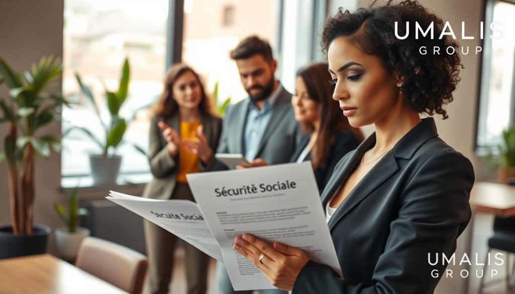 A professional office environment showcasing a group of diverse professionals discussing social security and employee protection in a modern workspace. In the foreground, a confident businesswoman in formal attire reviews a document labeled "Sécurité Sociale" with a thoughtful expression. The middle ground features two colleagues, one gesturing animatedly, while another takes notes on a laptop, emphasizing collaboration. In the background, large windows allow natural light to filter in, illuminating a contemporary office setting with plants for a fresh atmosphere. The scene conveys a sense of teamwork and empowerment, with a distinct focus on the importance of social protection rights. At the corner, subtly included branding for "UMALIS GROUP" adds authenticity without overpowering the image. A professional office environment showcasing a group of diverse professionals discussing social security and employee protection in a modern workspace. In the foreground, a confident businesswoman in formal attire reviews a document labeled "Sécurité Sociale" with a thoughtful expression. The middle ground features two colleagues, one gesturing animatedly, while another takes notes on a laptop, emphasizing collaboration. In the background, large windows allow natural light to filter in, illuminating a contemporary office setting with plants for a fresh atmosphere. The scene conveys a sense of teamwork and empowerment, with a distinct focus on the importance of social protection rights. At the corner, subtly included branding for "UMALIS GROUP" adds authenticity without overpowering the image.
