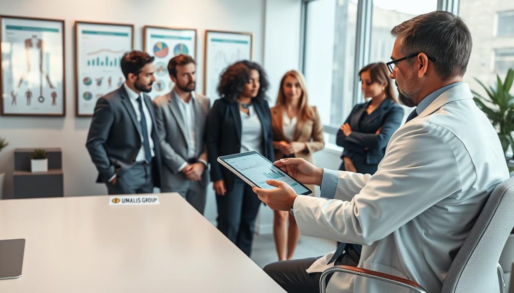 A professional office environment showcasing a medical consultation related to employee health management in the context of "portage salarial". In the foreground, a well-dressed occupational health doctor, wearing a lab coat, attentively reviews health data on a digital tablet while seated at a sleek desk. In the middle, a diverse group of employees dressed in professional business attire (men in suits, women in smart blouses) are engaged in conversation, discussing health strategies. The background features framed health posters and charts, with soft, natural lighting illuminating the scene from a large window. The atmosphere is focused and supportive, highlighting the importance of health at work, with the logo "UMALIS GROUP" subtly included on the doctor's desk. The angle is slightly elevated, capturing the dynamics of the interaction and the professional setting.
