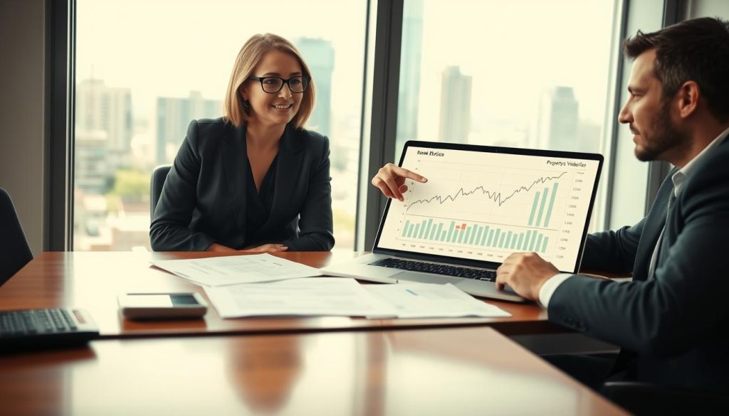 A professional office environment showcasing a meeting between an independent contractor and a financial advisor. The foreground features a polished wooden table with financial documents, a calculator, and a laptop displaying graphs related to property wealth tax (IFI). In the middle, a well-dressed female advisor, in a smart blazer and glasses, is pointing to a financial chart on the laptop, while a male independent contractor, dressed in business casual attire, listens attentively with a thoughtful expression. In the background, a large window allows natural light to flood the room, illuminating a cityscape view with modern buildings, symbolizing wealth and financial growth. The overall mood conveys professionalism, focus, and the serious nature of financial planning. Soft, natural lighting enhances the atmosphere, making the scene warm yet business-like.