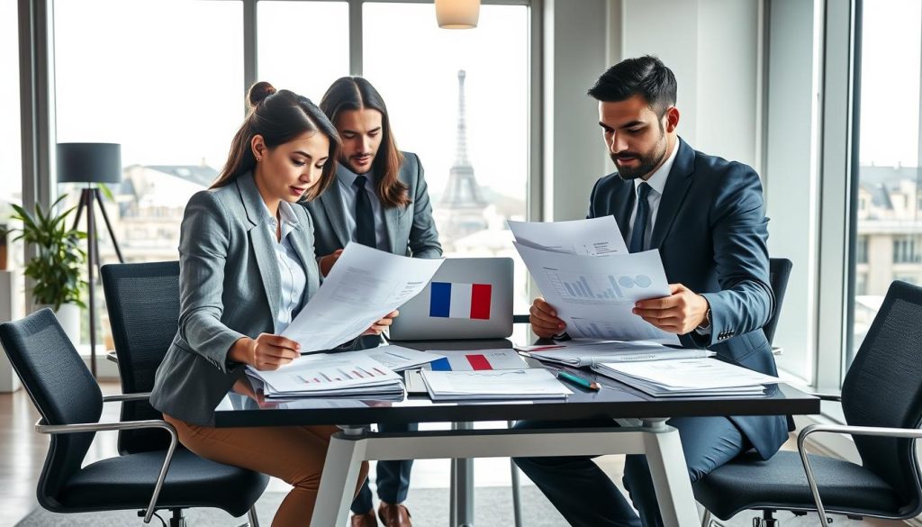 A professional office environment, showcasing a modern workspace focused on French legal and social security rules. In the foreground, a diverse group of three business professionals—one woman and two men—are closely examining official documents, dressed in professional attire. The middle area features a stylish desk cluttered with legal papers, a laptop displaying graphs, and French flag motifs subtly integrated into the decor. The background displays a large window with Paris cityscape views and natural light illuminating the room, creating a productive and intellectual atmosphere. This composition emphasizes the importance of verifying current French legal, tax, and social security rules, incorporating elements related to the Umalis Group. The overall mood is serious yet collaborative, capturing the essence of a consulting assignment in France.