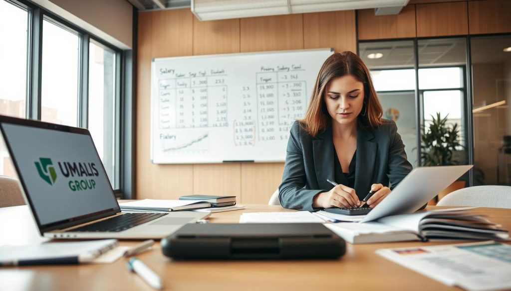 A professional office environment showcasing a sleek desk with a laptop and financial documents scattered around, illustrating the calculation process for salary in portage salarial. In the foreground, a focused businesswoman in professional attire, using a calculator and jotting down notes on a notepad, her expression contemplative. In the middle, a wall-mounted whiteboard filled with calculations and graphs related to salary breakdowns. The background features a modern office with large windows letting in natural light, giving a warm, productive atmosphere. The scene is well-lit, using soft, diffused lighting to create an inviting yet professional mood. The company logo "UMALIS GROUP" subtly displayed on the laptop screen, emphasizing the context of the image.