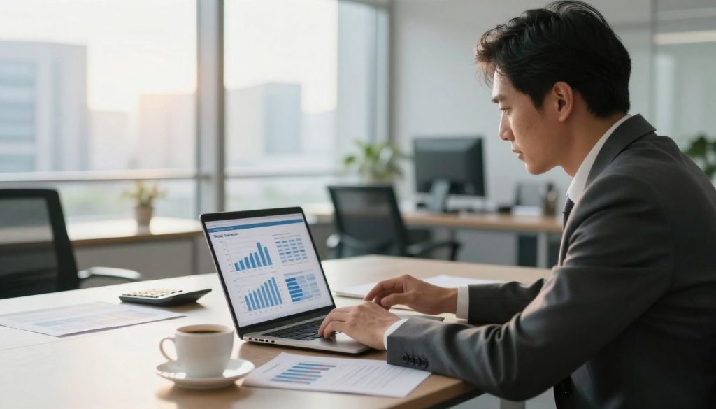 A professional office environment showcasing a sleek, modern workspace. In the foreground, a focused business professional, dressed in smart business attire, examines a financial report on a laptop, with charts representing salary optimization visibly displayed on the screen. The middle ground features a stylish desk with financial documents, a calculator, and a cup of coffee. In the background, large windows allow natural light to flood the room, casting a warm glow, while a city skyline is visible outside, symbolizing opportunity. The atmosphere is one of concentration and ambition, suggesting motivation to enhance net salary through strategic financial planning. The image should convey professionalism and a sense of purpose, with no text or additional elements present. A professional office environment showcasing a sleek, modern workspace. In the foreground, a focused business professional, dressed in smart business attire, examines a financial report on a laptop, with charts representing salary optimization visibly displayed on the screen. The middle ground features a stylish desk with financial documents, a calculator, and a cup of coffee. In the background, large windows allow natural light to flood the room, casting a warm glow, while a city skyline is visible outside, symbolizing opportunity. The atmosphere is one of concentration and ambition, suggesting motivation to enhance net salary through strategic financial planning. The image should convey professionalism and a sense of purpose, with no text or additional elements present.