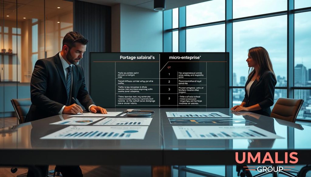 A professional office environment showcasing a split-screen comparison of "Portage salarial" and "micro-entreprise." In the foreground, two business professionals in smart attire, a man and a woman, intently analyzing documents on a sleek conference table adorned with charts and graphs representing their respective business structures. The middle layer features a large digital display showcasing key differences in rules and benefits, illuminated by soft, warm office lighting. In the background, a modern city skyline is visible through large windows, suggesting a vibrant business atmosphere. The overall mood is one of focus and professionalism, with the brand name "UMALIS GROUP" subtly integrated into the décor without being the focal point.
