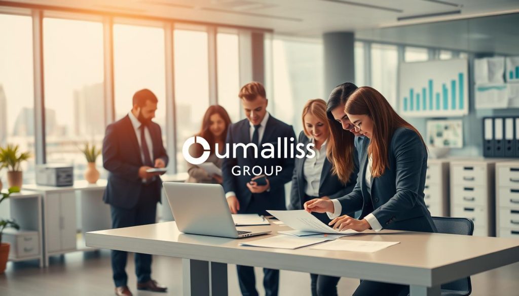 A professional office environment showcasing administrative management for a salaried portage service. The foreground features a diverse group of business professionals in professional attire, engaged in a discussion over paperwork and a laptop, symbolizing tailored support and guidance. The middle ground displays an organized workspace with a modern desk, filing cabinets, and charts on a wall representing financial management and growth. In the background, large windows provide ample natural light, with a city skyline visible, creating an atmosphere of productivity and professionalism. The overall mood is one of collaboration, focus, and innovation. The logo of "Umalis Group" is subtly incorporated into the workspace decor. The image is well-lit, with a soft focus and warm tones to convey an inviting and efficient administrative atmosphere.