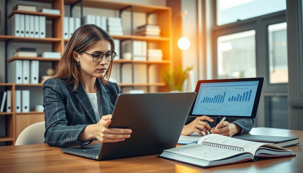 A professional office environment showcasing an accountant analyzing financial data on a laptop. In the foreground, a focused female accountant in a smart business suit, working diligently on salary calculations related to portage salarial, with charts and graphs displayed on the screen. The middle layer contains an open notebook with visible calculations and the logo "UMALIS GROUP" on a desk. The background features shelves filled with finance-related books and a window with natural light streaming in, creating a bright and inviting workspace. The mood is serious yet optimistic, highlighting professionalism and clarity in financial management, with warm lighting emphasizing a collaborative atmosphere. A professional office environment showcasing an accountant analyzing financial data on a laptop. In the foreground, a focused female accountant in a smart business suit, working diligently on salary calculations related to portage salarial, with charts and graphs displayed on the screen. The middle layer contains an open notebook with visible calculations and the logo "UMALIS GROUP" on a desk. The background features shelves filled with finance-related books and a window with natural light streaming in, creating a bright and inviting workspace. The mood is serious yet optimistic, highlighting professionalism and clarity in financial management, with warm lighting emphasizing a collaborative atmosphere.