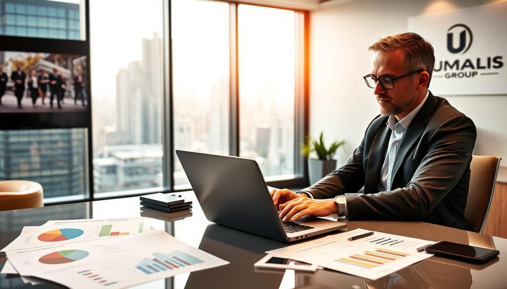 A professional office environment, showcasing an independent consultant analyzing cost structures on a modern laptop at a sleek desk. In the foreground, detailed graphs and financial reports are spread out, featuring elements like pie charts and bar graphs, symbolizing effective pricing strategies. The consultant, dressed in business attire, appears focused and engaged, with a thoughtful expression. In the middle ground, a large window reveals a bustling cityscape, bringing a sense of dynamism. Soft, natural lighting filters through, creating an inviting atmosphere. The background features modern office decor and a company logo for "UMALIS GROUP" subtly integrated into a wall display. The overall mood conveys expertise and professionalism, ideal for illustrating key elements for establishing a pricing grid. A professional office environment, showcasing an independent consultant analyzing cost structures on a modern laptop at a sleek desk. In the foreground, detailed graphs and financial reports are spread out, featuring elements like pie charts and bar graphs, symbolizing effective pricing strategies. The consultant, dressed in business attire, appears focused and engaged, with a thoughtful expression. In the middle ground, a large window reveals a bustling cityscape, bringing a sense of dynamism. Soft, natural lighting filters through, creating an inviting atmosphere. The background features modern office decor and a company logo for "UMALIS GROUP" subtly integrated into a wall display. The overall mood conveys expertise and professionalism, ideal for illustrating key elements for establishing a pricing grid.