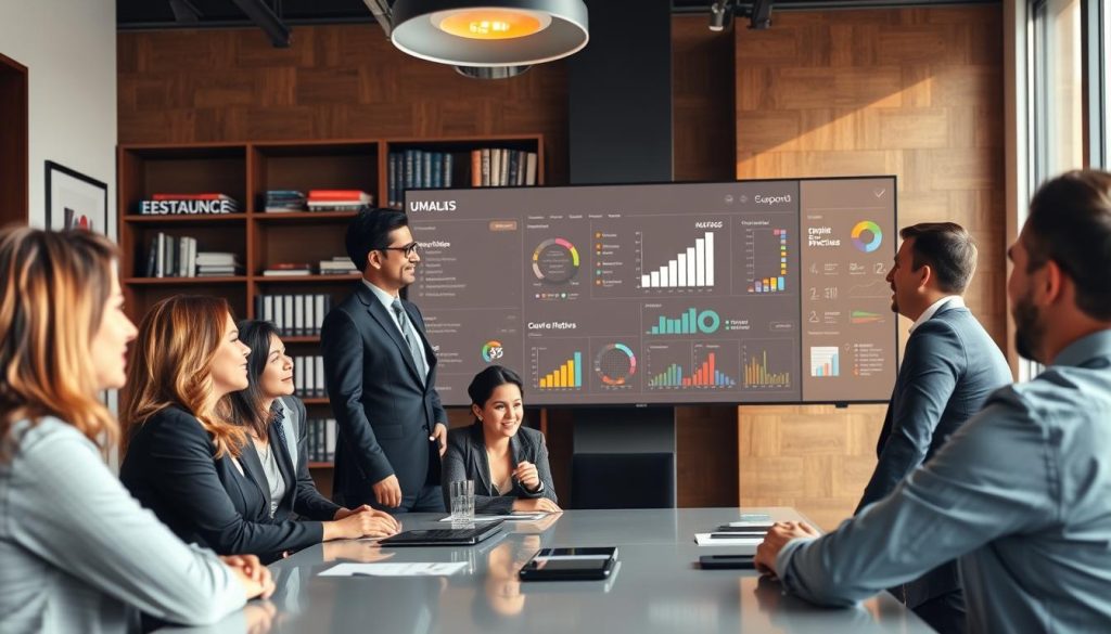 A professional office environment showcasing human resources management at UMALIS GROUP. In the foreground, a diverse group of employees is engaged in a collaborative discussion around a modern conference table, all dressed in business attire. The middle layer features a large screen displaying a digital dashboard with employee metrics and graphs, symbolizing personnel tracking. The background includes shelves filled with books on HR best practices and a large window with natural light streaming in, creating a bright and welcoming atmosphere. The scene is shot from a slightly elevated angle with warm lighting, conveying a sense of teamwork, professionalism, and effective management. The overall mood is focused and productive, emphasizing the importance of human resource management.