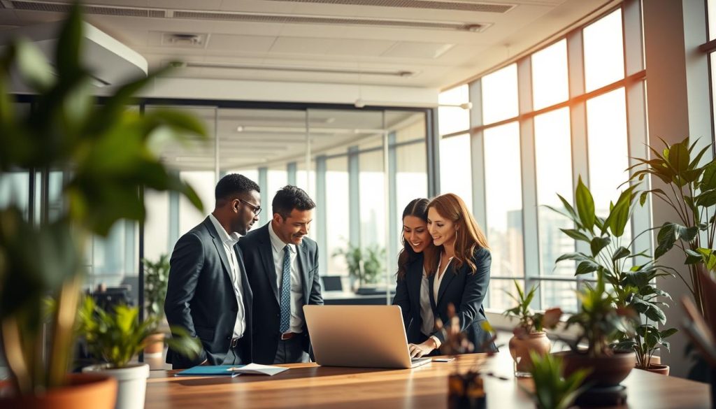 A professional office environment showcasing the advantages of "portage salarial." In the foreground, a diverse group of two business professionals dressed in smart business attire are engaged in a collaborative discussion over a laptop, demonstrating teamwork and innovation. In the middle ground, a modern office with glass walls and plants provides an inviting atmosphere, symbolizing productivity and flexibility. In the background, cityscape views through large windows project a sense of opportunity and growth. Soft, natural lighting floods the workspace, enhancing the warm and motivating mood. The scene is captured from a slightly elevated angle to highlight the interaction, creating an engaging atmosphere that reflects the benefits and solutions for professionals in the realm of portage salarial.